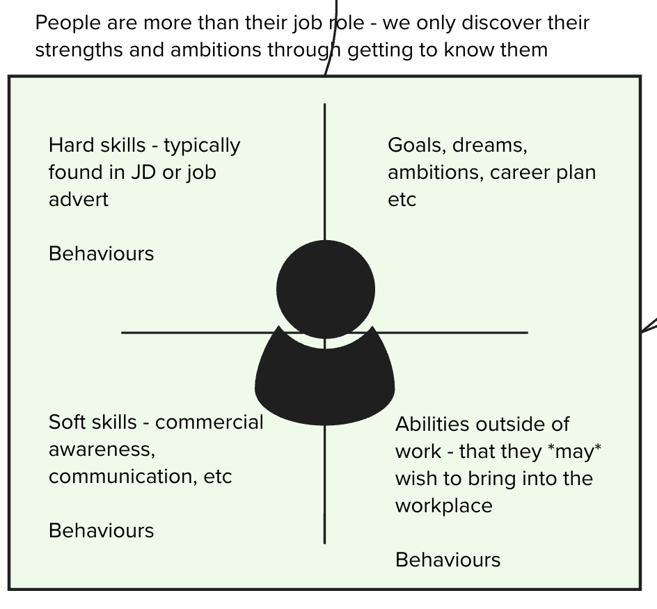 A diagram showing a person sitting in a quadrant; job role, soft skills, life goal and other competencies