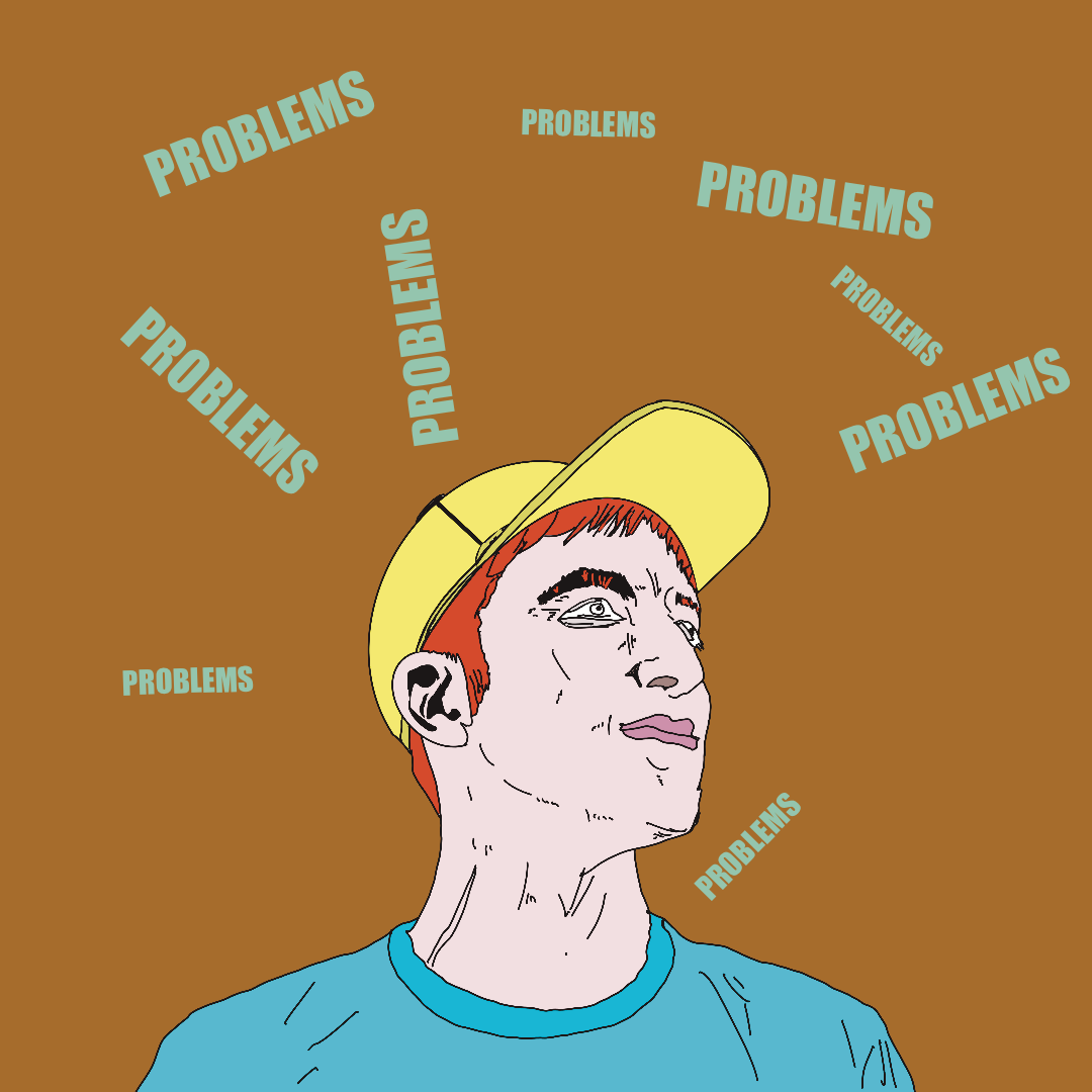 A graphic drawing of a man surrounded with problems