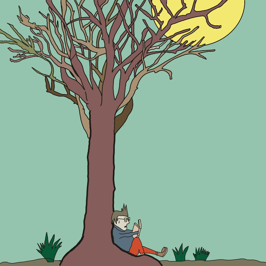 A digital drawing of a man sat under a tree reading a book