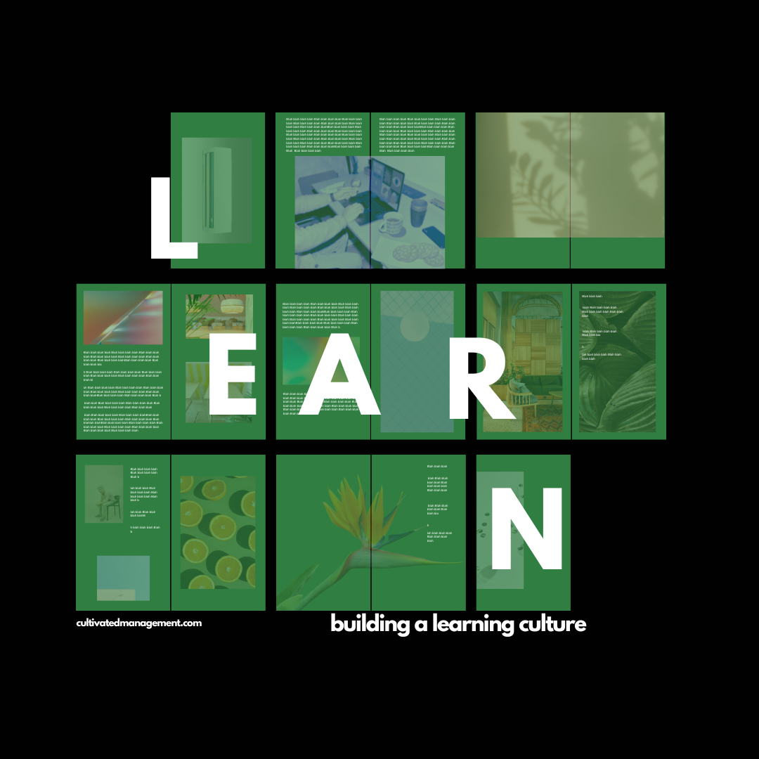 A black graphic with the words building a learning culture overlaid with random images