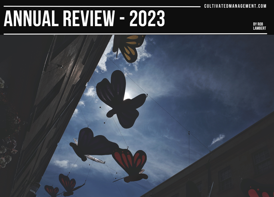 A poster promoting the annual review post showing ornamental butterflies with the words Annual Review overlayed