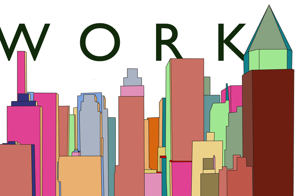 A drawing of a business building skyline with the word work overlayed