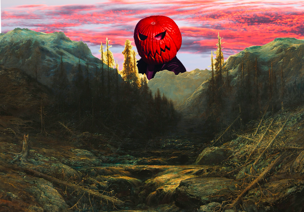 A collage of a mountain side with an evil pumpkin head towering over it.