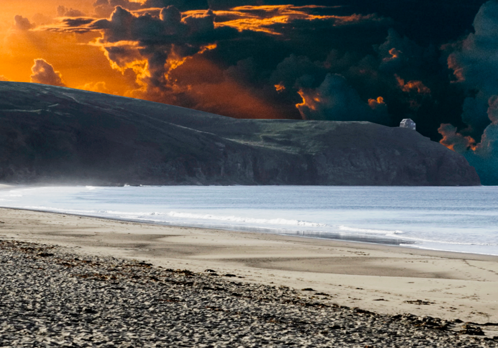 A collage showing a seaside cliff with a red sky behind to signify heat