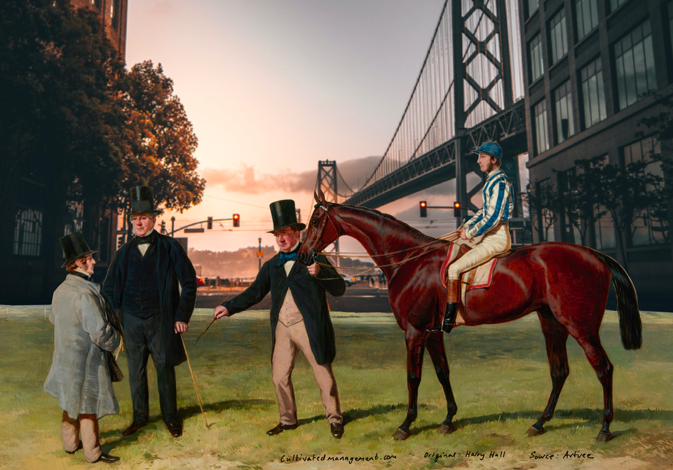 A collage photo of an old painting of people on horses in front of a modern day New York skyline