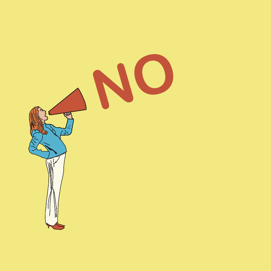 A drawing of a woman shouting no through a megaphone