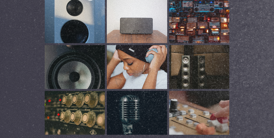 A collage photograph sound devices like amplifiers, speakers and someone listening to headphones