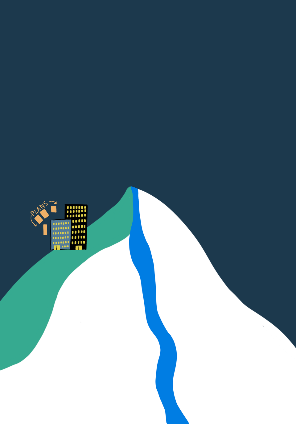 A digital drawing showing a mountain with an office on it - and the words plan outside of the office