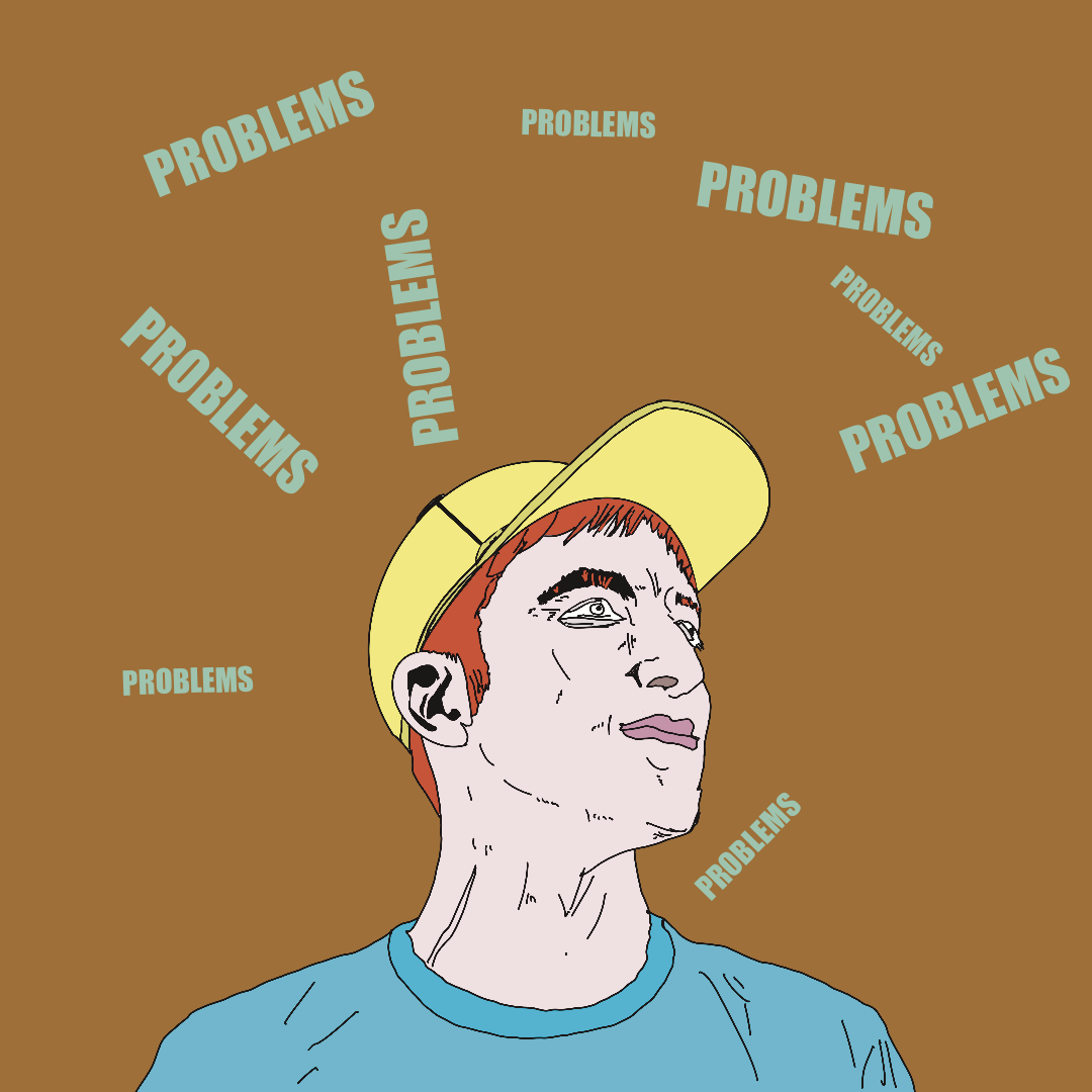 A drawing of a man in a baseball cap surrounded by the word "problems".