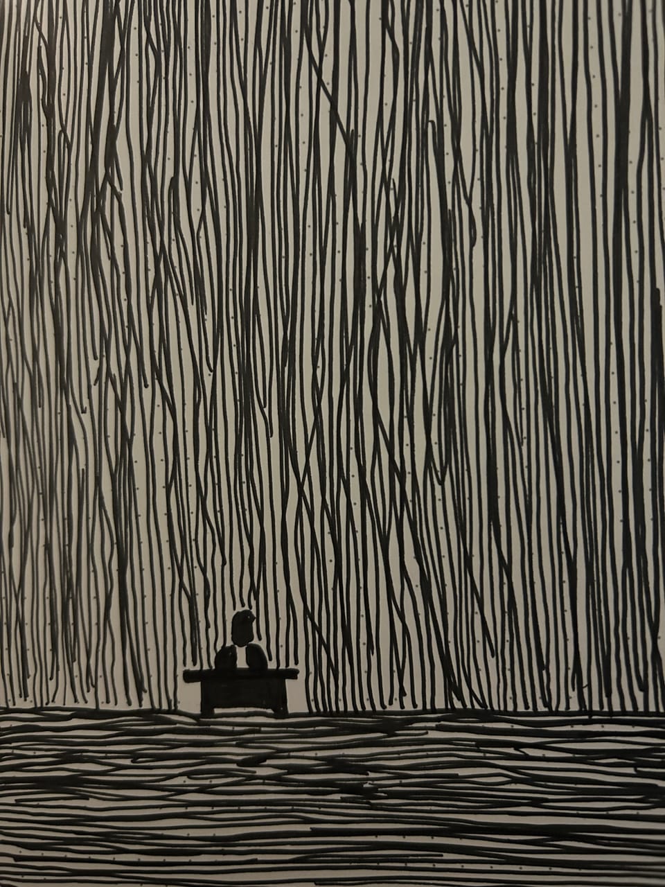 A drawing of a man sitting at a desk with noise all around