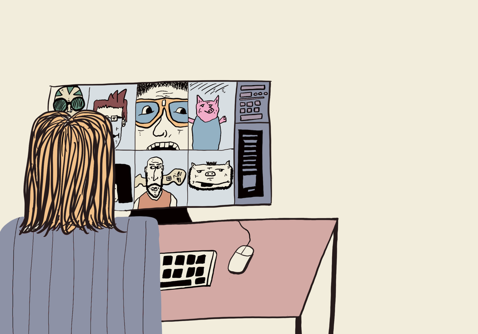 A hand-drawn graphic showing someone sat at a computer on a video call