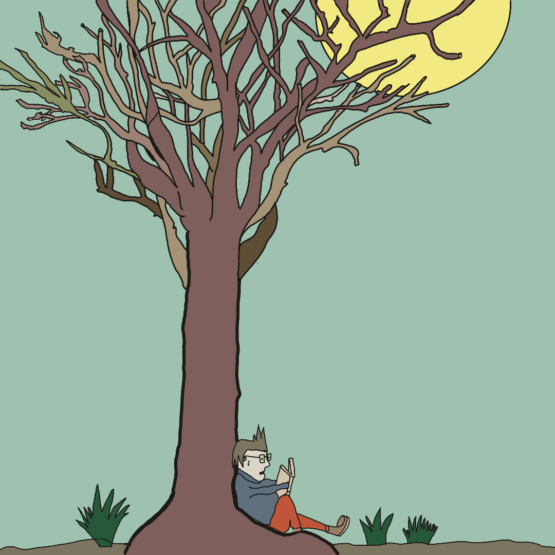 A drawing of someone sat under a tree reading a book