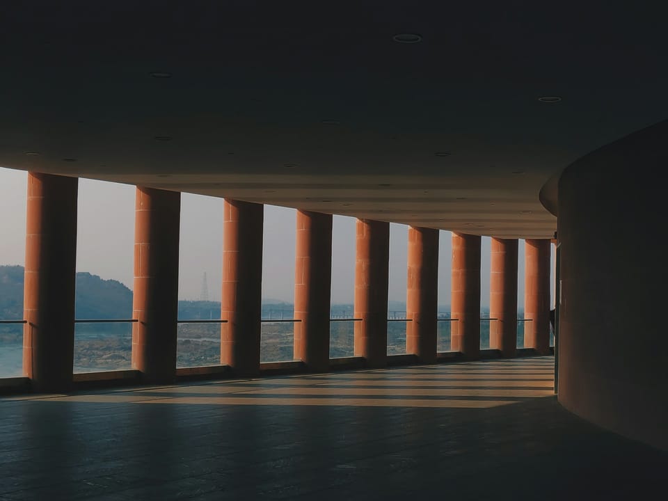 A photo of columns holding up a building