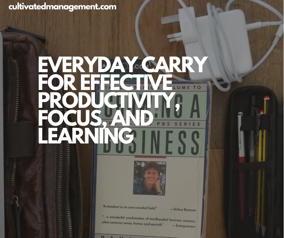 A photo of books and laptops with the words overlaid - Everyday Carry for Effective Productivity, Focus, and Learning